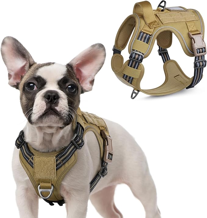 rabbitgoo Tactical Dog Harness for Small Dogs, No Pull Military Service Vest with Handle &amp; Molle, Easy Control for Training Walking, Adjustable Reflective Straps, Brown, S