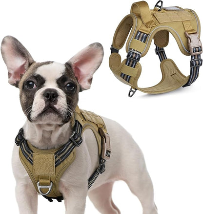 rabbitgoo Tactical Dog Harness for Small Dogs, No Pull Military Service Vest with Handle &amp; Molle, Easy Control for Training Walking, Adjustable Reflective Straps, Brown, S