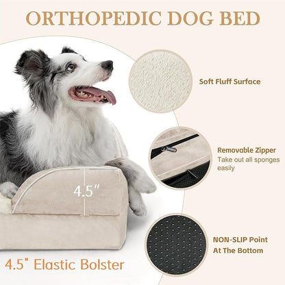 Comfort Expression Waterproof Dog Beds for Large Breed Dogs, Large Dog Beds Orthopedic Foam, Comfy Pet Bed Sofa with Washable Removable Cover &amp; Non-Slip Bottom(Beige)
