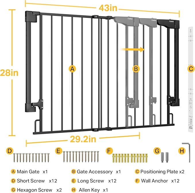 Cumbor 29.2-43" No Bottom Bar Baby Gate for Stairs, 2-in-1 Hardware Mounted Dog Gate Indoor, Wide Pet Gates for Doorway with Large Walk Thru Door, Child-Proof Gate for Top &amp; Bottom of Stairs(Black)