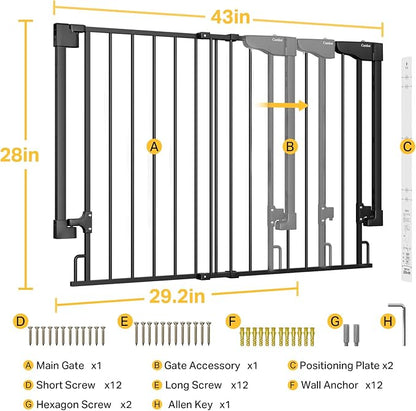 Cumbor 29.2-43" No Bottom Bar Baby Gate for Stairs, 2-in-1 Hardware Mounted Dog Gate Indoor, Wide Pet Gates for Doorway with Large Walk Thru Door, Child-Proof Gate for Top &amp; Bottom of Stairs(Black)