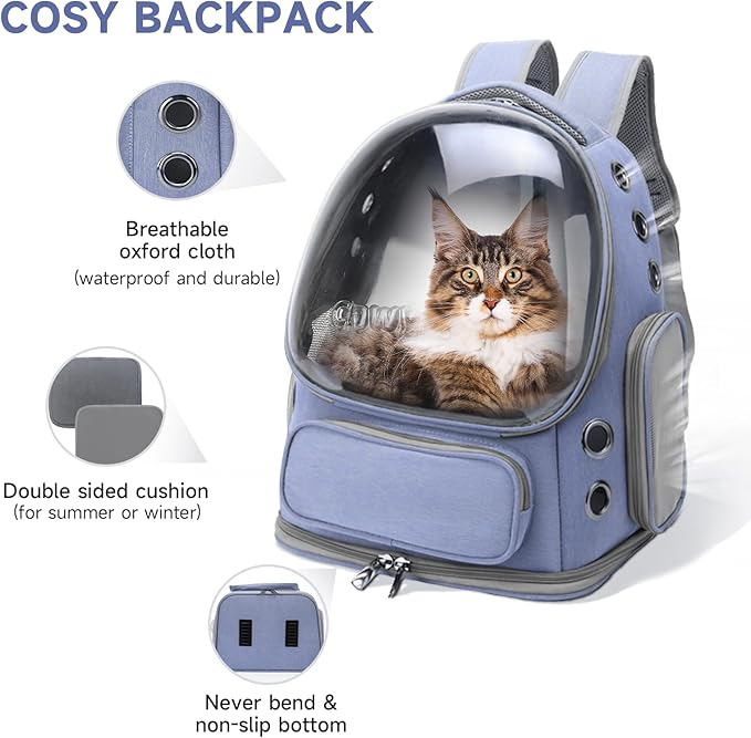 Cat Backpack Carrier, Breathable Cat Carrier Large Space Bubble Pet Backpack for Kitty Small Dog up to 12lbs, Transparent &amp; Foldable Pet Carrier for Travel Hiking (Blue