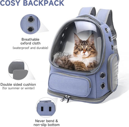 Cat Backpack Carrier, Breathable Cat Carrier Large Space Bubble Pet Backpack for Kitty Small Dog up to 12lbs, Transparent &amp; Foldable Pet Carrier for Travel Hiking (Blue