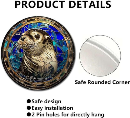 Lygond Metal Sign Tin Sign Circular Stained Glass Harbor Tin Sig For Pet 12×12 Inches