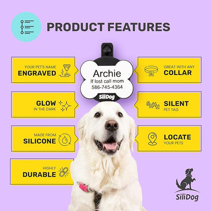 SiliDog AirTag Holder Silent Dog ID Tag – Personalized Engraved Silicone Pet Tag – Durable, Glow-in-The-Dark – White Bone