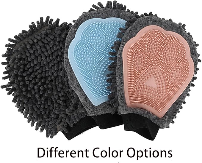 Dual Sided Pet Grooming Glove with Rubber Paw - 2-in-1 Grooming Glove | Fun Dogs &amp; Cats Grooming Tool for Brushing, Massaging, and Scrubbing | Chenille Fabric Side Acts as Pet Bathing(Blue)