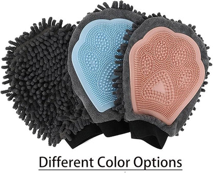 Dual Sided Pet Grooming Glove with Rubber Paw - 2-in-1 Grooming Glove | Fun Dogs &amp; Cats Grooming Tool for Brushing, Massaging, and Scrubbing | Chenille Fabric Side Acts as Pet Bathing(Blue)