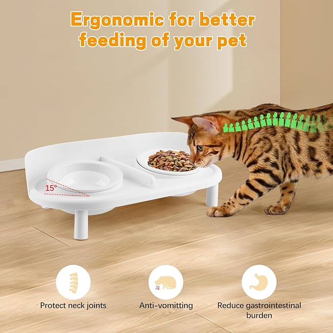 Elevated Cat Bowls, Tilted Rised Cat Food and Water Bowl with 2 Pcs Ceramic Pet Bowls, Rised Stand, Pet Dish Anti Vomiting Feeding Station for All Sized Cats &amp; Small Dogs (White)