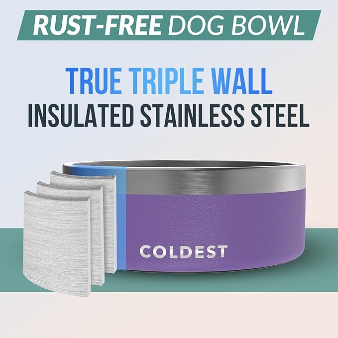 Coldest Dog Bowl - Anti Rust Metal, Non Slip, 3 Layers Insulated Stainless Steel Dog Bowls - Spill Proof &amp; Heavy Duty - Water Bowl for Dogs, Cats &amp; Pets, Dish Washer Safe (64 oz, Galaxy Purple)