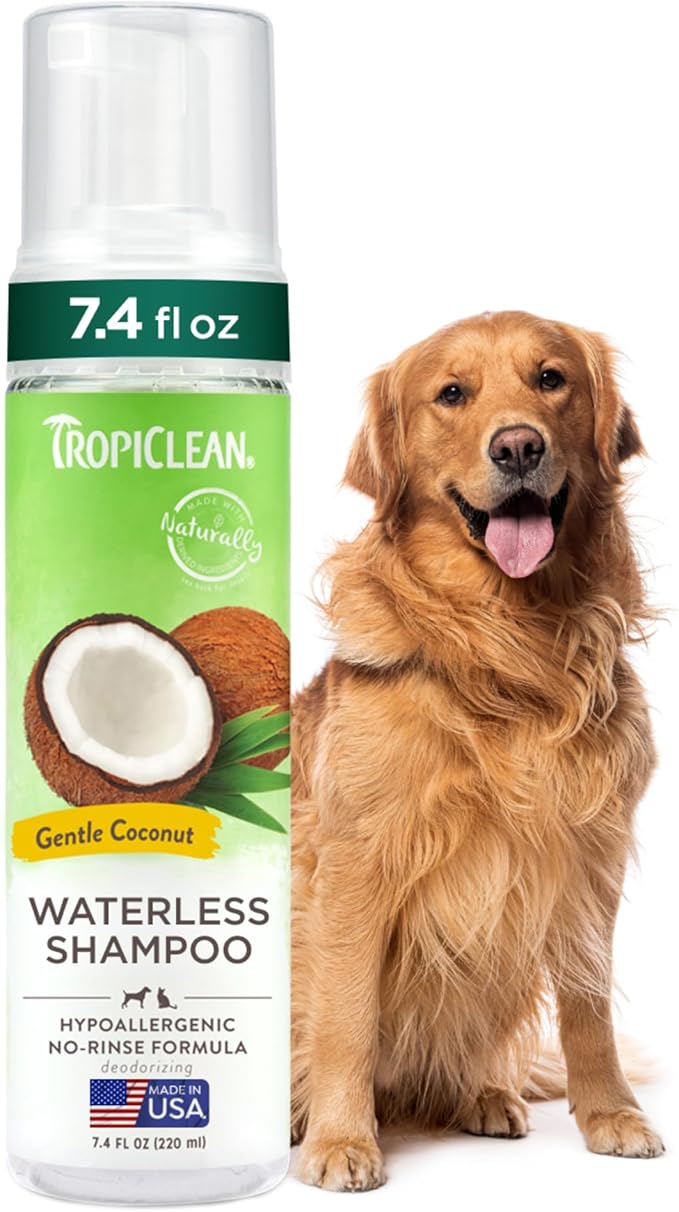 TropiClean Hypoallergenic Waterless Dog Shampoo | Dry Shampoo for Allergies &amp; Sensitive Skin | Safe for Cats | Puppies &amp; Kittens | No Rinse | 7.4oz