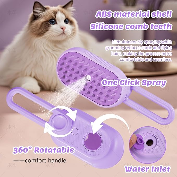 4 in 1 Cat &amp; Dog Steam Brush Kit with 2 Comb Heads - Rechargeable Grooming Brush for Long/Short Hair Shedding, Anti-Static Steam Spray &amp; Foldable Handle, Pet Spa Cleaning Tool (Purple)