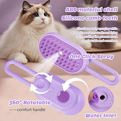 4 in 1 Cat &amp; Dog Steam Brush Kit with 2 Comb Heads - Rechargeable Grooming Brush for Long/Short Hair Shedding, Anti-Static Steam Spray &amp; Foldable Handle, Pet Spa Cleaning Tool (Purple)
