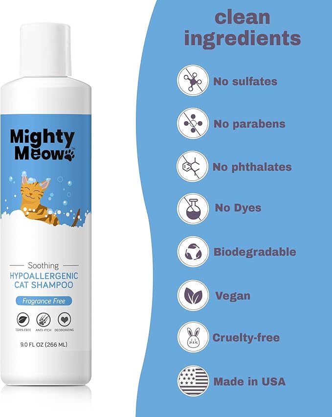 Soothing Hypoallergenic Cat Shampoo – Easy at-Home Cat Grooming | Deodorizes | Gentle &amp; Anti-Itch | Natural &amp; Allergy-Safe Cat Shampoo Sensitive Skin – Fragrance Free | 9 fl oz