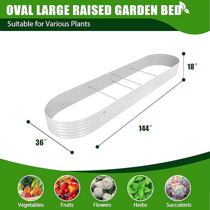 A ANLEOLIFE 12X3X1.5 ft Galvanized Raised Garden Beds Outdoor, Oval Extra Large Metal Planter Box for Planting Vegetables Flowers Herb, Anti-Rust &amp; Easy-Setup, Antique White