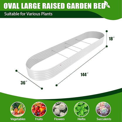 A ANLEOLIFE 12X3X1.5 ft Galvanized Raised Garden Beds Outdoor, Oval Extra Large Metal Planter Box for Planting Vegetables Flowers Herb, Anti-Rust &amp; Easy-Setup, Antique White