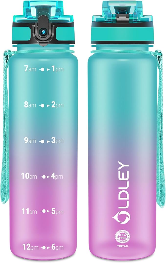 OLDLEY 32 oz Water Bottle, Motivational Water Bottle with Time Marker, Sports Water Bottle With Strap, Leakproof &amp; BPA Free Large Water Bottles for School, Gym, Travel,Tritan,Green&amp;Purple