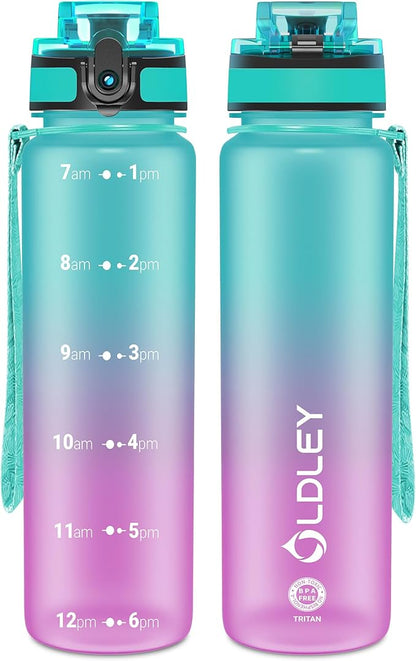 OLDLEY 32 oz Water Bottle, Motivational Water Bottle with Time Marker, Sports Water Bottle With Strap, Leakproof &amp; BPA Free Large Water Bottles for School, Gym, Travel,Tritan,Green&amp;Purple