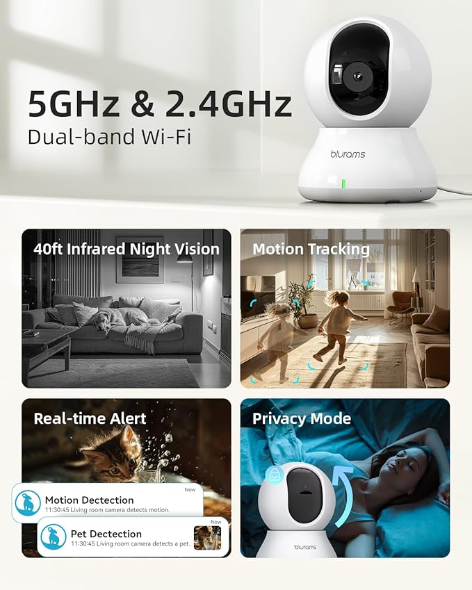 blurams Indoor Security Camera, 5GHz/2.4GHz Dual-Band, 2K PZT Pet Camera with Phone App, 360° Cameras for Home Security, 2-Way Audio, Motion Tracking, Night Vision, Siren, Cloud&amp;SD