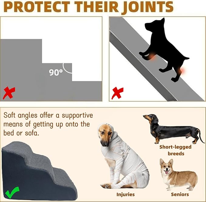 Dog Stairs &amp; Pet Ramp for Small/Large Dogs to High Beds/Couches - 5 Steps 24-inch Height for 18-30 inch Furniture, 2 Washable Covers (Brown, Grey), Non-Slip Balanced 33D Design for Old Dogs &amp; Cats