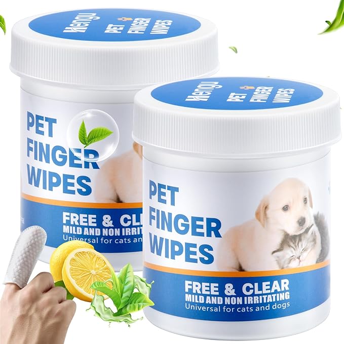 Pet Dental Finger Wipes for Dogs &amp; Cats, 120 Count Dog Teeth Cleaning Dental Finger Wipes No-Rinse Cat &amp; Dog Tooth Brushing Kit, Remove Plaque and Tartar &amp; Freshens Breath (60 Count x2)