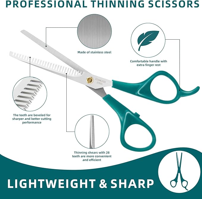 Professional 5 in 1 Pet Grooming Kit - Stainless Steel Dog &amp; Cat Grooming Scissors with Rounded Tip Blades for Safe Fur Trimming, Thinning Shears, Straight Scissors, and Pet Comb (Green 5 in 1)