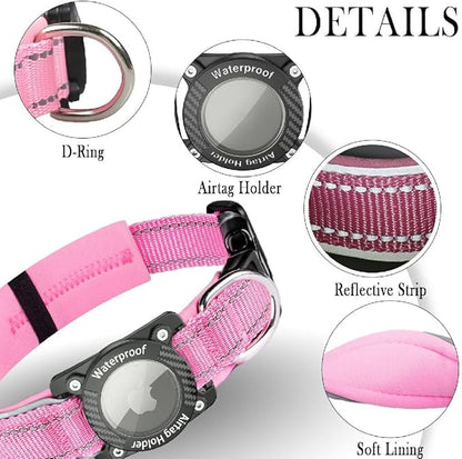 Upgraded AirTag Dog Collar, IP68 Waterproof Dog Collar with Apple Air Tag Holder, Reflective Adjustable Heavy Duty Dog Collars with Soft Padded for Small, Medium and Large Dogs,Pink, M