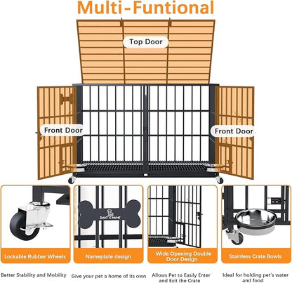 aboxoo 42/48 inch Heavy Duty Metal Dog Crate for 2 Dogs/Large Dog,All Metal Open Top Stackable,Dog Kennel Indoor with Wheels,Floor Grid, Tray, Divider and Feeding Bowl