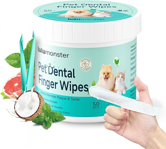 Pet Dental Finger Wipes for Dogs &amp; Cats, Dog Teeth Cleaning Wipes Tooth Brushing Kit by Remove Plaque and Tartar &amp; Freshens Breath Buildup No-Rinse Dog Finger Toothbrush Mint Flavor