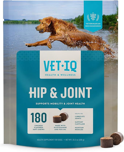 VetIQ Glucosamine Hip &amp; Joint Supplement for Dogs, 180 Soft Chews, Dog Joint Support Supplement with MSM and Krill, Dog Health Supplies Large &amp; Small Breed, Chicken Flavored Chewables
