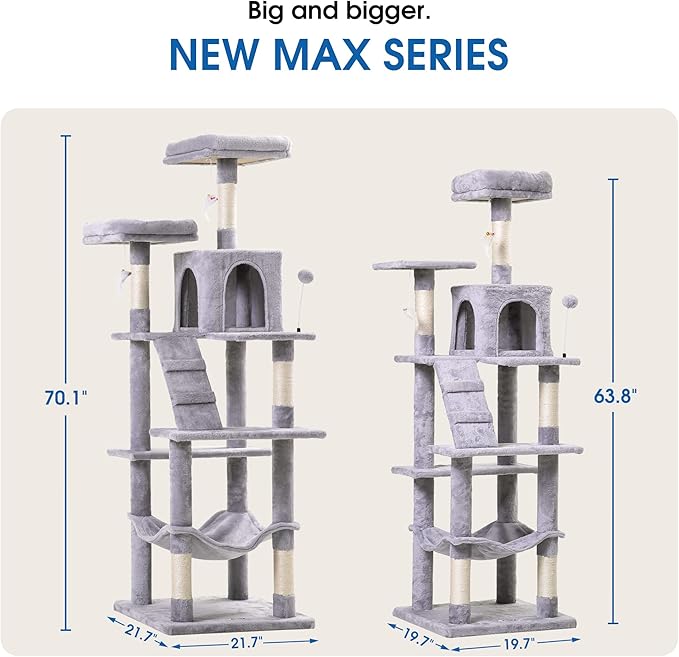 MWPO 70.1-Inch Large Cat Tree, Multi-Level Tall Cat Tower for Indoor Cats, Plush Cat Condo with Big Padded Perches, Sisal-Covered Scratching Posts, Hammock, Toys for Kittens &amp; Cats - Light Grey