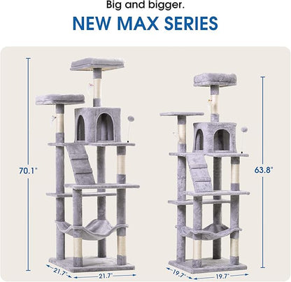 MWPO 70.1-Inch Large Cat Tree, Multi-Level Tall Cat Tower for Indoor Cats, Plush Cat Condo with Big Padded Perches, Sisal-Covered Scratching Posts, Hammock, Toys for Kittens &amp; Cats - Light Grey