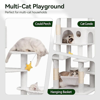 85in Tall Cat Tower for Heavy Duty Big Cats, Large Cat Tree with Scratching Post, Plush Perches, Cozy Cat Condos &amp; Hanging Hammocks for Maine Coon, White