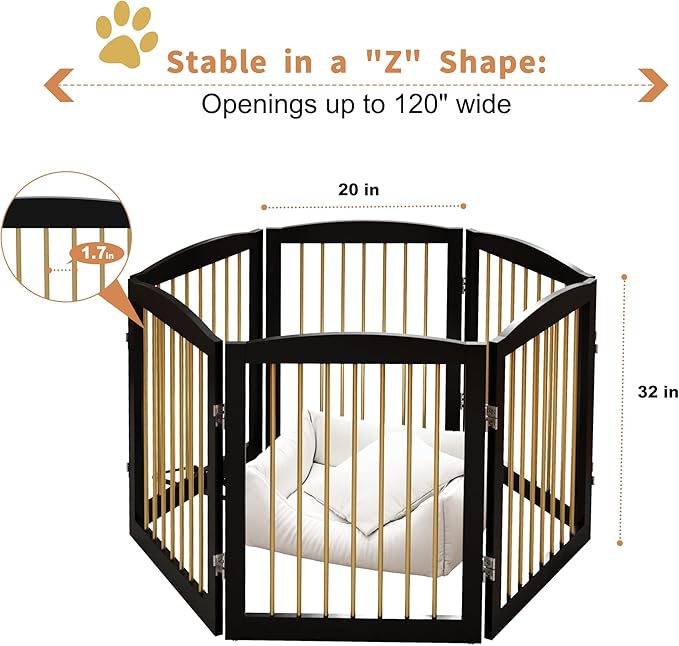 Freestanding Pet Gate for Dogs, Foldable Wooden Dog Gate for House, Extra Wide Indoor Pet Barrier for Stair, Doorway, Hall, Support Feet Included, 120 Inch Wide, 6 Panels 24",Black&amp;Gold