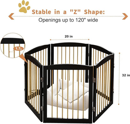 Freestanding Pet Gate for Dogs, Foldable Wooden Dog Gate for House, Extra Wide Indoor Pet Barrier for Stair, Doorway, Hall, Support Feet Included, 120 Inch Wide, 6 Panels 24",Black&amp;Gold