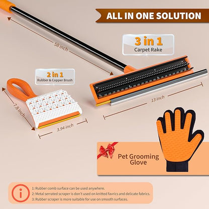 3 in 1 Carpet rake Kit for Pet Hair Removal Tool - Reusable Pet Hair Remover broom w 58"Adjustable Long Handle, Dog &amp; Cat Carpet Scraper, Pet Hair Remover for Rugs, Mats, Couch, Curtains(Orange)
