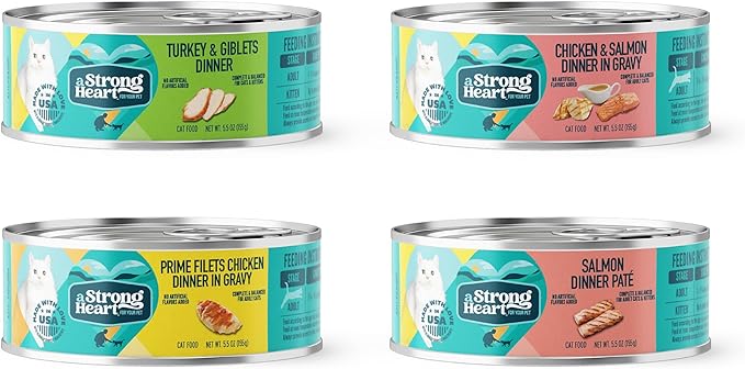A Strong Heart Canned Wet Cat Food, Dinner Variety Pack - 5.5 oz Cans (Pack of 32), Made in The USA with Real Chicken, Turkey &amp; Salmon