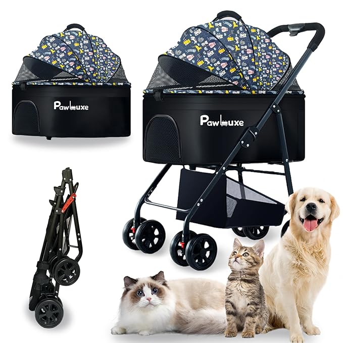 4 Wheels Pet Stroller 4 in 1 Pet Stroller with Detachable Carrier for Small &amp; Medium Dogs Cats up to 55 lbs Easy-Folding Travel Dog Wagon with Car Seat Breathable Mesh,Blue Cartoon
