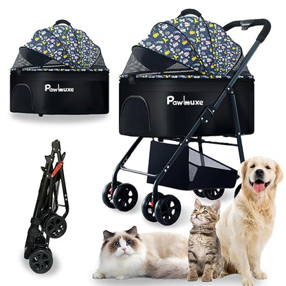 4 Wheels Pet Stroller 4 in 1 Pet Stroller with Detachable Carrier for Small &amp; Medium Dogs Cats up to 55 lbs Easy-Folding Travel Dog Wagon with Car Seat Breathable Mesh,Blue Cartoon