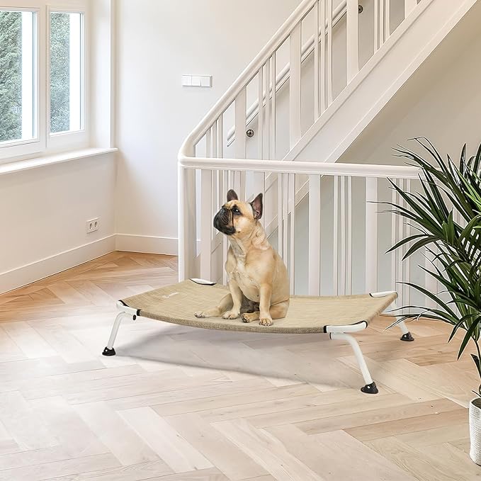 Veehoo Elevated Dog Bed for Outdoor, Cooling Waterproof Raised Dog Cots Beds for Medium Dogs, Curved Off Ground Pet Hammock Cot Lifted for Outside, up to 65lbs, White Legs, Beige 32"