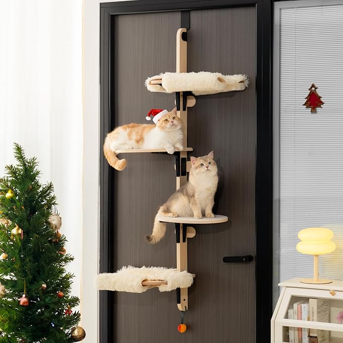 MEWOOFUN Cat Climbing Shelves Tree, 4-Levels Over Door Cat Climber for Jumping, Stable Cat Stairs Hammock for Kittens &amp; Adult Cats (Wooden-65 H x 26.8” L x 13.8” W)
