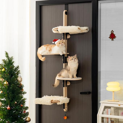 MEWOOFUN Cat Climbing Shelves Tree, 4-Levels Over Door Cat Climber for Jumping, Stable Cat Stairs Hammock for Kittens &amp; Adult Cats (Wooden-65 H x 26.8” L x 13.8” W)