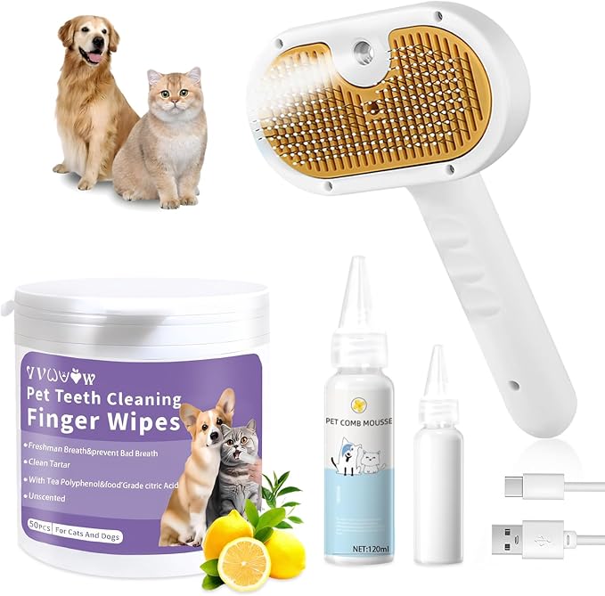 Pet Steam Brush for Dog &amp; Cat – 3-in-1 Spray Hair Removal Comb for Shedding &amp; Grooming – Water Brush for Long &amp; Short Haired Pets – Includes Waterless Shampoo &amp; Dental Wipes