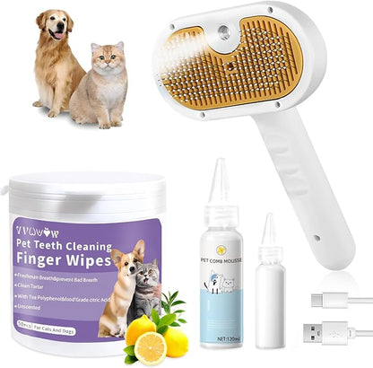 Pet Steam Brush for Dog &amp; Cat – 3-in-1 Spray Hair Removal Comb for Shedding &amp; Grooming – Water Brush for Long &amp; Short Haired Pets – Includes Waterless Shampoo &amp; Dental Wipes