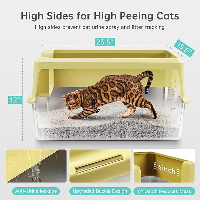 Stainless Steel Litter Box with High Side, XXL Extra Large Cat Litter Box for Big Cats &amp; Multiple Cats, Non-Sticky, No Urine Leakage, Easy Clean Cat Litter Pan Include Scoop