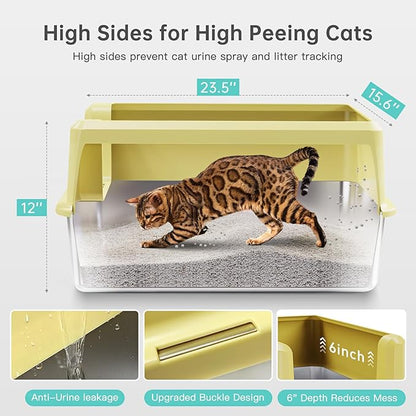 Stainless Steel Litter Box with High Side, XXL Extra Large Cat Litter Box for Big Cats &amp; Multiple Cats, Non-Sticky, No Urine Leakage, Easy Clean Cat Litter Pan Include Scoop