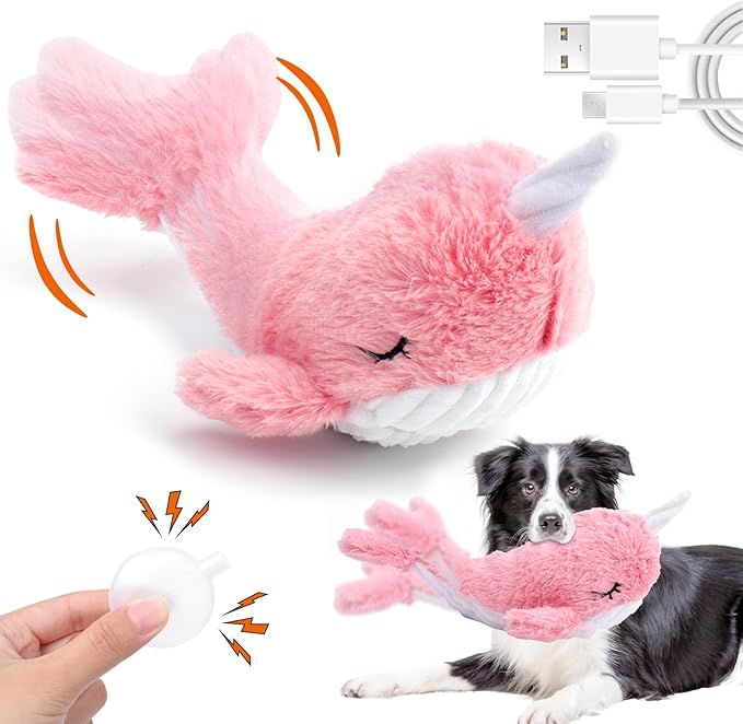 Mity rain 2 in 1 Interactive Dog Toys, Fish Dog Toy to Keep Them Busy, Plush Squeaky Dog Toys, Rechargeable Wiggly Pink Pet Toys for Small Medium Large Dogs, Moving Dog Toys for Indoor&amp;Outdoor