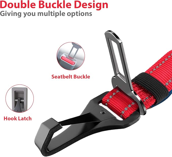 IOKHEIRA Dog Seatbelt, Updated Dog Seat Belt, Reflective Bungee Dog Car Harness, Multifunctional Pet Safety Belt with Hook Latch &amp; Seatbelt Buckle, Swivel Aluminum Carabiner, Red