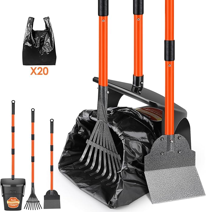 Lukovee Dog Pooper Scooper, 37.4" Long Adjustable Metal Handle Swivel Bin &amp; Rake &amp; Spade Kit with 20 Poop Bags, Portable Dog Non-Breakable Poop Scooper for Gravel Yard Lawn Grass, Orange