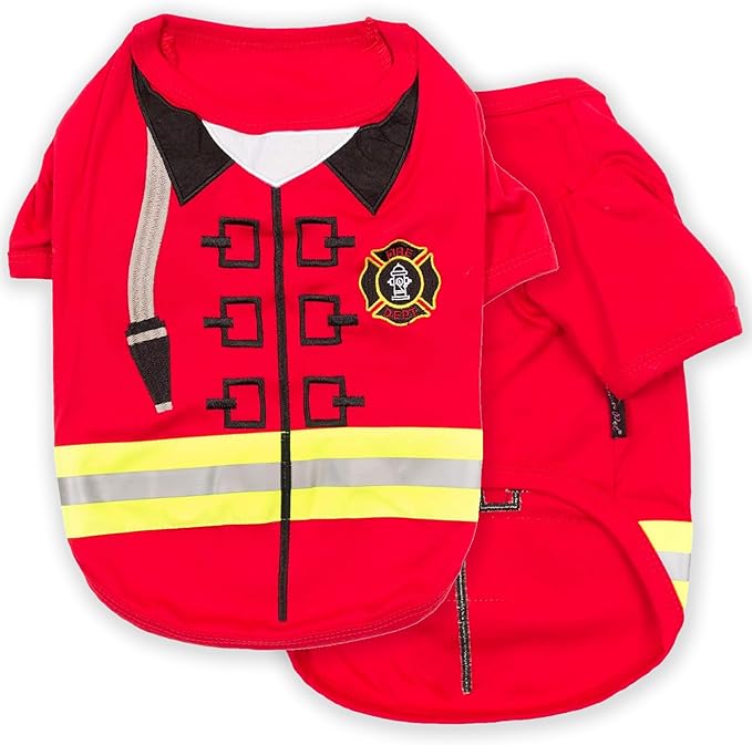 Parisian Pet Embroidered Firefighter Dog Costume - 100% Cotton &amp; Polyester - Sleeved - Red - Large - Lightweight