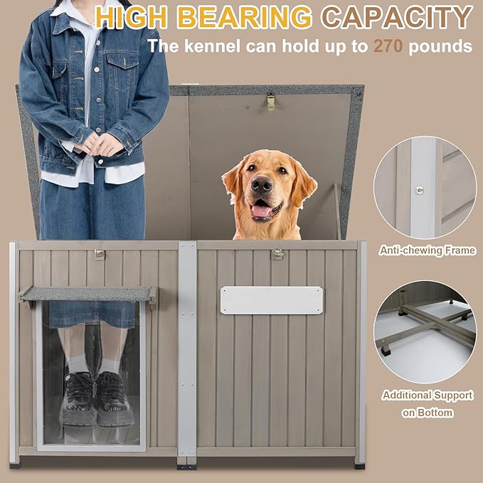 Weatherproof Outdoor Dog House, Wooden Puppy Shelter with Anti-Chewing Iron Frame and Elevated Floor, Sturdy Dog Kennel for Small, Medium &amp; Large Dogs, Grey (Gray, 51" L x 29" W x 32" H)